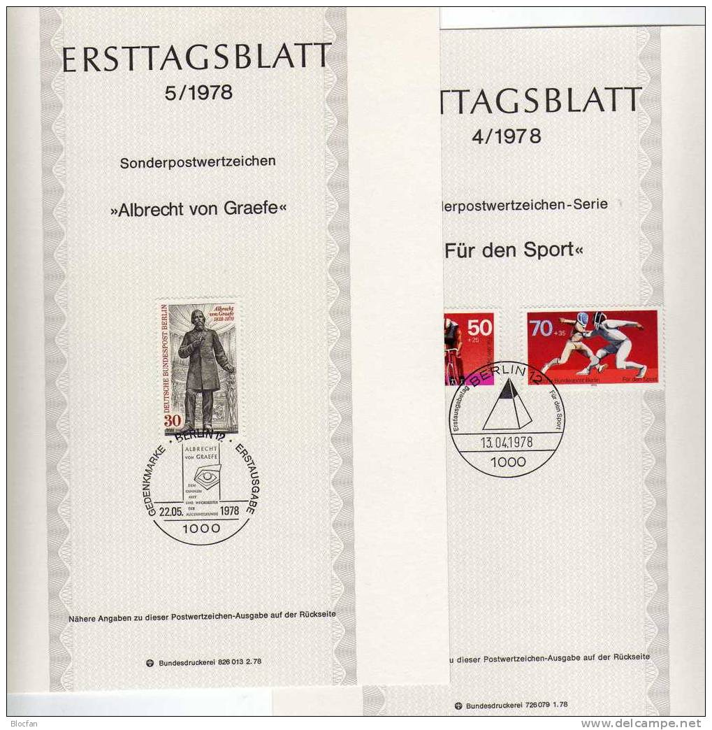 ETB II. Quartal 1978 Luftfahrt Sport Charite-Arzt Graefe Berlin 563-69 SST 5€ Berliner Ersttagsblatt Document Of Germany - Storia Postale