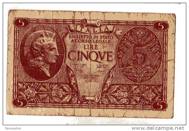 BILLET ITALIE - ROYAUME - P.31 - 23/11/1944 - BIGLIETTO DI STATO ITALIA 5 LIRE - Italia – 5 Lire