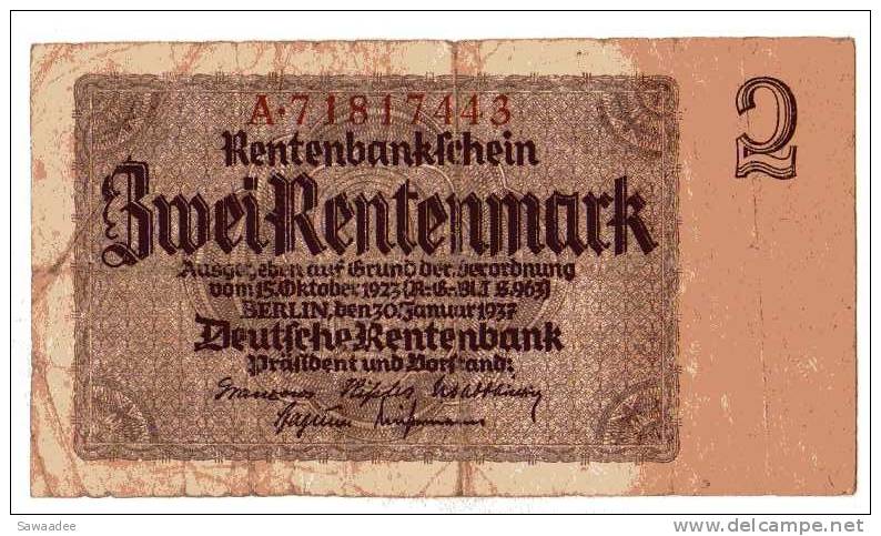 BILLET ALLEMAGNE - P.174 - 30/01/1937 - 2 RENTENMARK - 2 Rentenmark