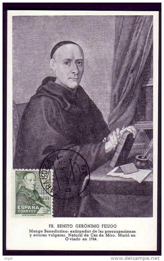 Carte Maximum  ESPAGNE N° Yvert 761 (Portrait Du Père Benito Feijoo) Obl Zaragoza 1948 - Cartes Maximum