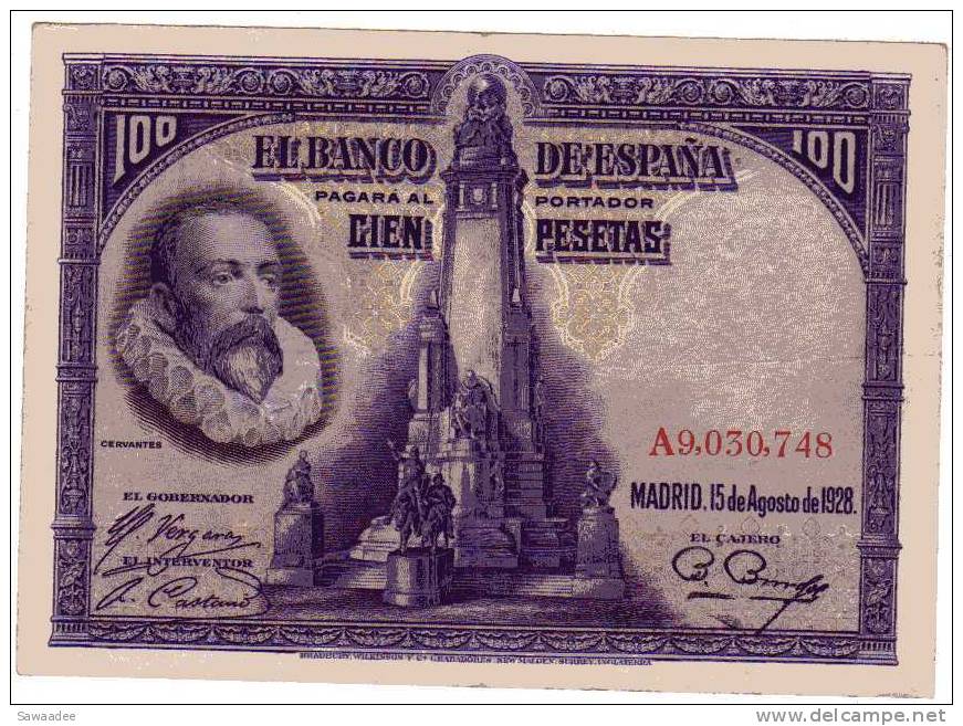 BILLET ESPAGNE - P.76 - 15/08/1928 - 100 PESETAS - CERVANTES - 100 Pesetas