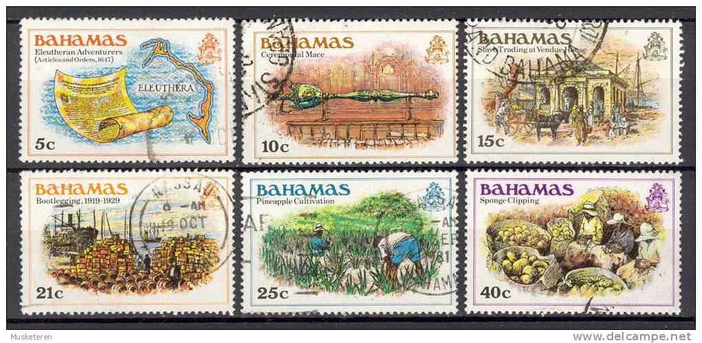 Bahamas 1980 SG 559-60, 562, 565-67 History Eleutheran Adventurers Slave Trading Bootlegging Pineapple Cultivation - Bahamas (1973-...)