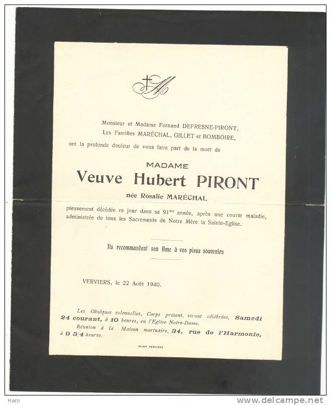 VERVIERS - Faire-part De Décès De Mde Rosalie Maréchal Veuve De Mr. Hubert Piront - Other & Unclassified