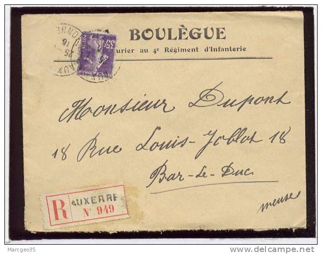 Lettre à Entête Boulègue Armurier ? Au 4e Rég.d'infanterie Semeuse 35c. Recommandé Auxerre - 1877-1920: Période Semi Moderne