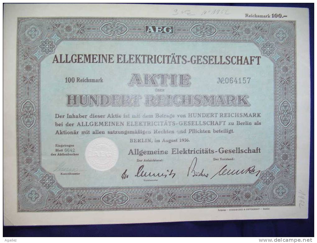 Action Aktie Allgemeine Elektricitäts-gesellschaft BERLIN 1936.électricité - Bank En Verzekering