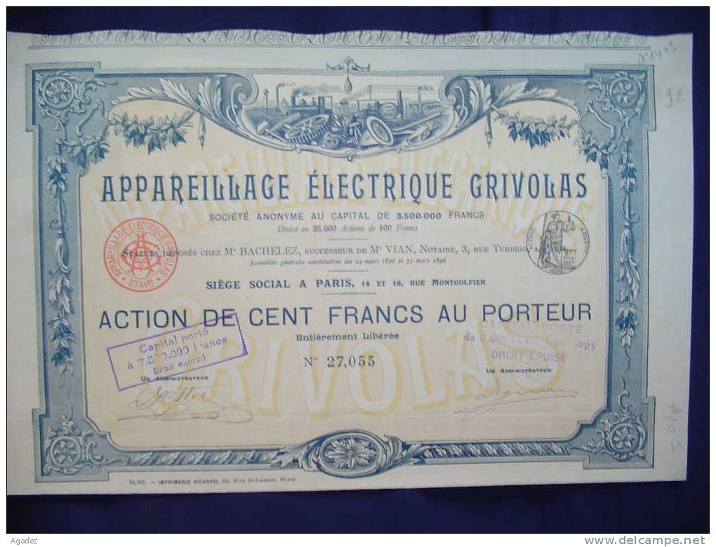 Action"Appareillage Electrique GRIVOLAS"Paris, 1896.Belle Gravure - Electricité & Gaz