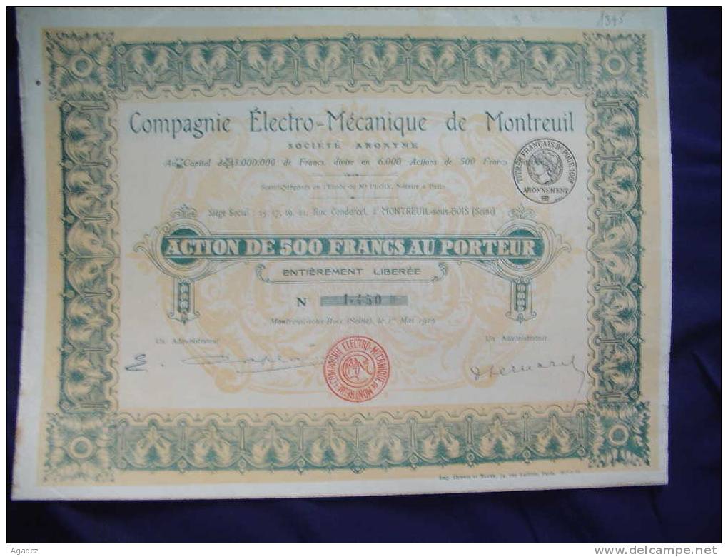 Action De 500 Francs Au Porteur "Cie Electro Mécanique De Montreuil" Montreuil Sous Bois (Seine) 1919. - Electricité & Gaz