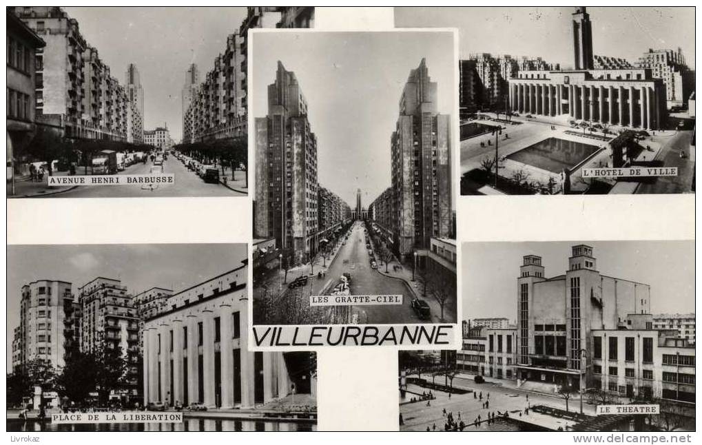 Rhône, Villeurbanne, Carte Multivues. Av. Henri Barbusse, Place De La Libération, Hôtel De Ville, Théâtre, Gratte-ciel. - Villeurbanne