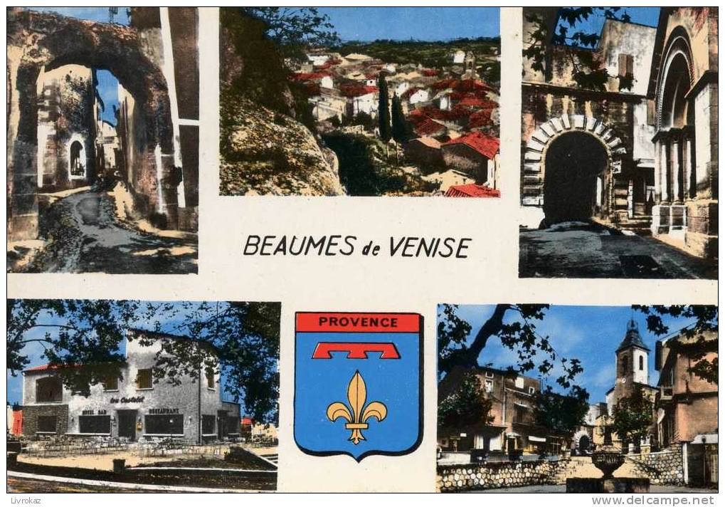 Vaucluse, Beaumes De Venise. Carte Postale Avec Plusieurs Vues Et Blason. Hôtel, Bar, Restaurant "Lou Castelet" - Beaumes De Venise