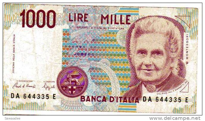 BILLET ITALIE - P.114 - 1000 LIRES - 1990 - M. MONTESSORI - 1000 Liras