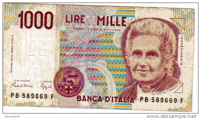 BILLET ITALIE - P.114 - 1000 LIRES - 1990 - M. MONTESSORI - 1.000 Lire