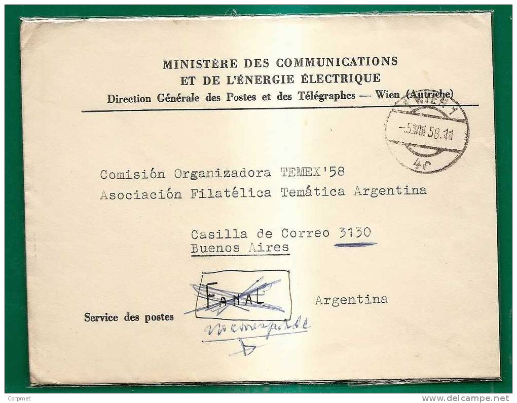 ELECTRICITY - AUSTRIA OFFICIAL 1958 COVER From MINISTERE DES COMMUNICATIONS ET DE L´ENERGIE ÉLECTRIQUE To BUENOS AIRES - Elektrizität