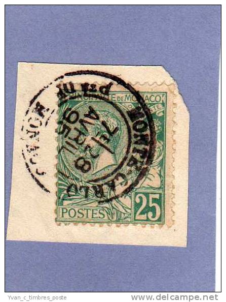 MONACO TIMBRE N° 16 OBLITERE SUR FRAGMENT PRINCE ALBERT 1ER 25C VERT - Used Stamps