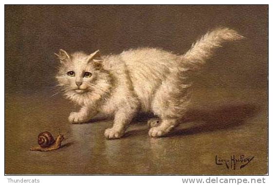 CPA ILLUSTRATEUR ARTIST SIGNED CAT CHAT BLANC WHITE LEON HUBERT SNAIL ESCARGOT - Cats