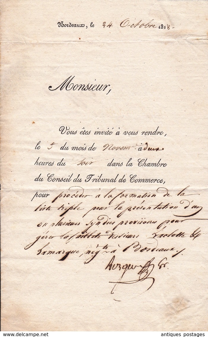 Lettre Restauration 1818 Chambre De Commerce De Bordeaux Gironde - 1801-1848: Précurseurs XIX