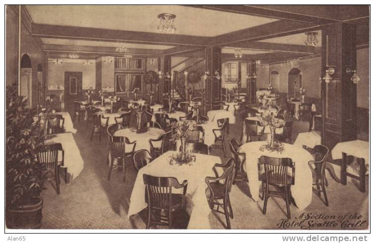 Hotel Seattle Grill Restaurant Interior View On C1910s Vintage Postcard, Wright & Dickinson Hotel Co. - Seattle