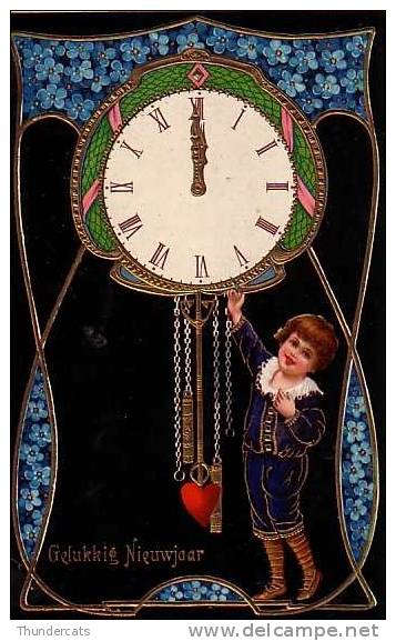 CPA GAUFREE EMBOSSED RELIEF HORLOGE CLOCK  ART NOUVEAU PETIT GARCON LITTLE BOY   !!! NEW YEAR BONNE ANNEE - Nouvel An