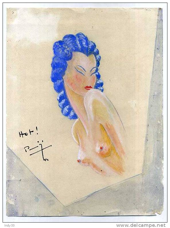 - BUSTE DE FEMME TITRE "HOT!". DESSIN AU CRAYON BLEU . AQUARELLE SIGNE ET DATE - Aquarelles