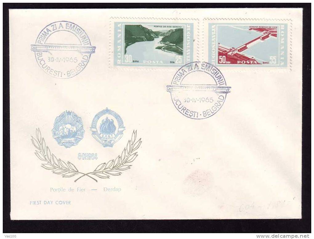 COVER 1965 1X FDC Electricite,Baraje,Romania-Jugoslavia Coat Of Arms Emisiune Comune. - Electricité