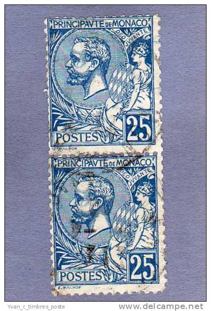 MONACO TIMBRE N° 25 OBLITERE PRINCE ALBERT 1ER 25C BLEU PAIRE VERTICALE - Oblitérés