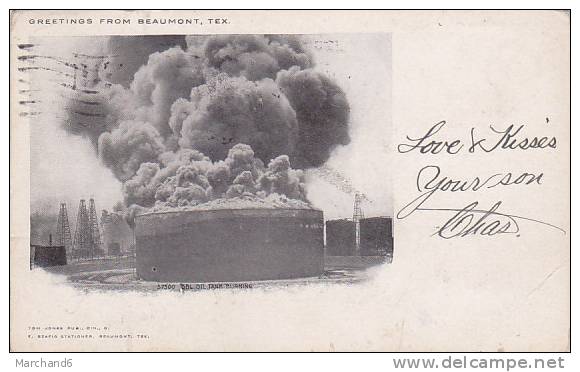 ETATS UNIS.TEXAS.GREETINGS FROM BEAUMONT 37500 BBL OIL TANK BURNING Cp Plie Coin Bas Droit état - Other & Unclassified