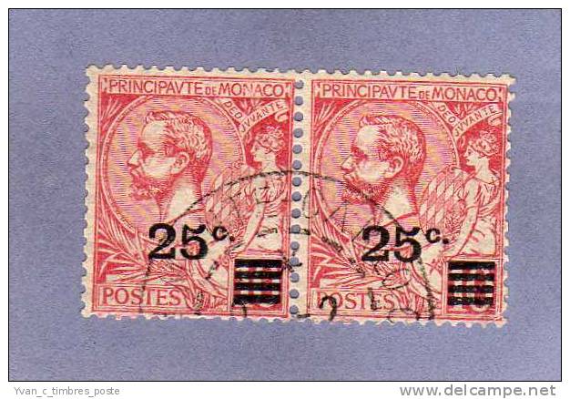 MONACO TIMBRE N° 52 OBLITERE PRINCE ALBERT 1ER 25C SUR 10C ROSE PAIRE HORIZONTALE - Used Stamps
