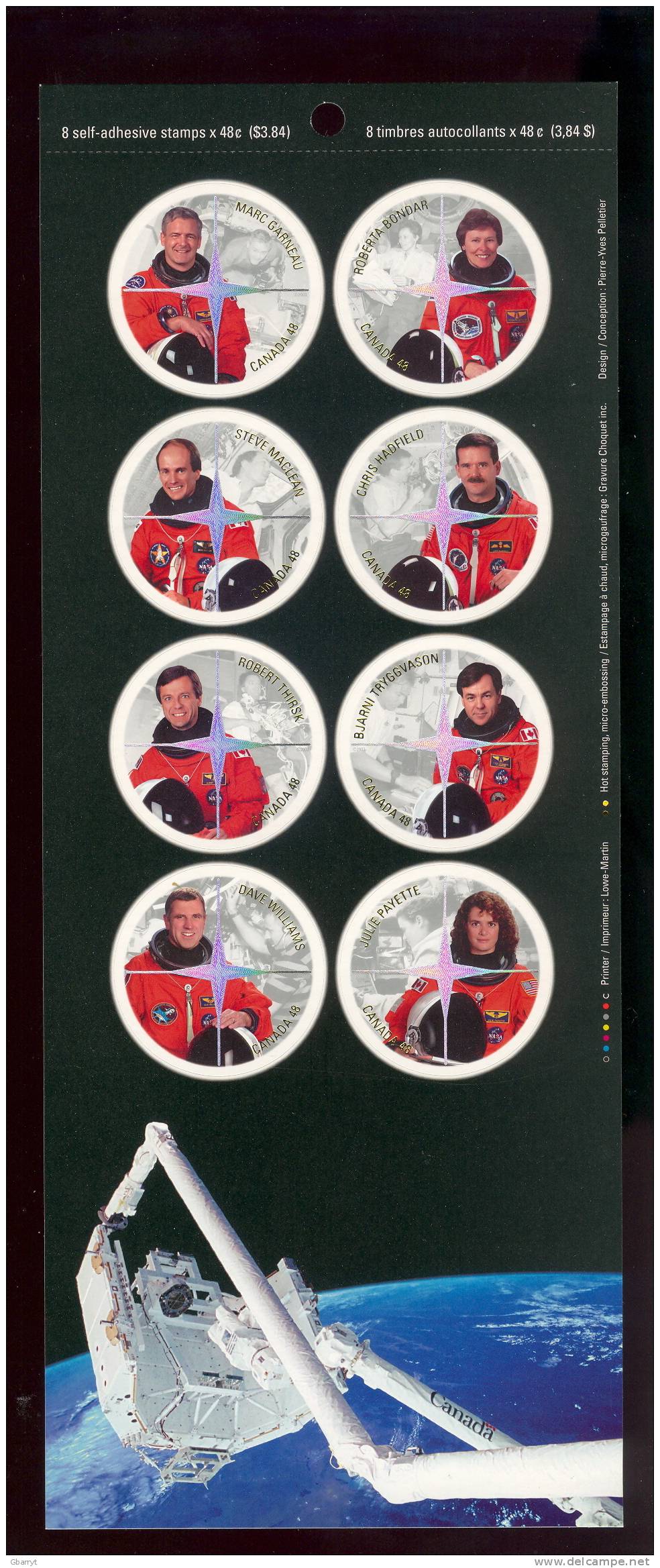 Canada Unitrade # 1999 MNH VF Canadian Astronauts Self Adhesive, Die Cut, Panel Of 8 Different Circular Stamps - Blocks & Sheetlets