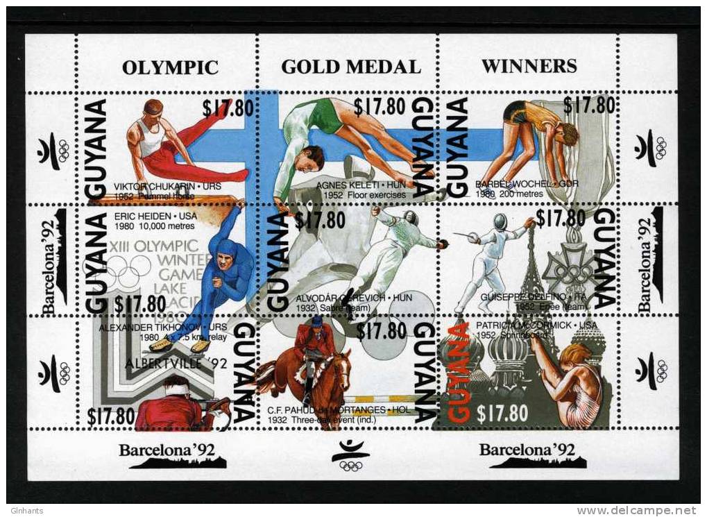 GUYANA - 1992 SUMMER OLYMPICS GOLD MEDAL WINNERS 'FINLAND (LARGE)' MS 'ALBERTVILLE' O/P FINE MNH ** - Zomer 1992: Barcelona