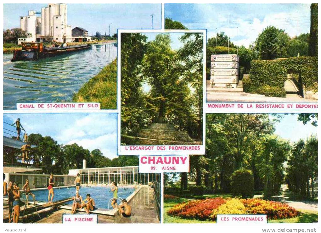 CPSM. CHAUNY. CANAL ST QUENTIN ET SILO. MONUMENT RESISTANCE DEPORTES. ESCARGOT DES PROMENADES.PISCINE..DATEE 1978.FLAME - Chauny