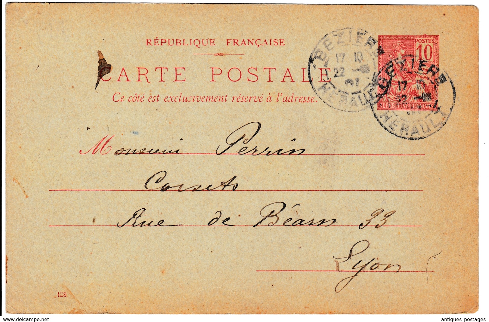 Louise Olivier A La Ruche Entier Postal 1901 Cachet Béziers Hérault Type Mouchon 10c - Cartes Postales Types Et TSC (avant 1995)