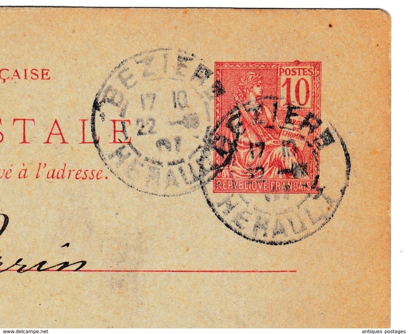 Louise Olivier A La Ruche Entier Postal 1901 Cachet Béziers Hérault Type Mouchon 10c - Cartes Postales Types Et TSC (avant 1995)