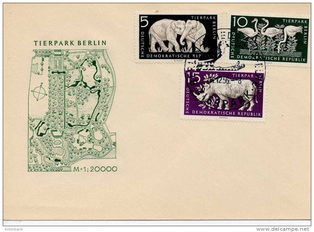 ALLEMAGNE REPUBLIQUE DEMOCRATIQUE / GERMAN DDR-1956-ANIMALS/ ÉLÉPHANT, RHINOCÉROS, FLAMAND-  SCOTT 317-319 -ENVELOPPE - Storia Postale