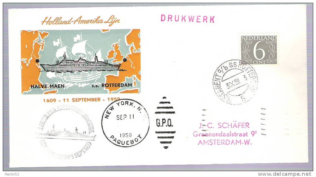 Nederlande Pay-Bas 1959: Schiffspostbrief Mit "SS Rotterdam"  Nach New York - Marittimi