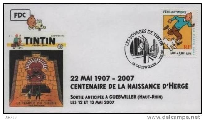 FRANCE 3304 Cachet Premier Jour FDC TINTIN Voyages KUIFJE TIM HERGE GUEBWILLER  2007 - Comics