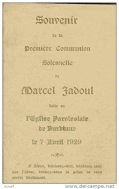 Faire-parts De Communion De BURDINNE " Marcel Jadoul " De 1929 . - Other & Unclassified