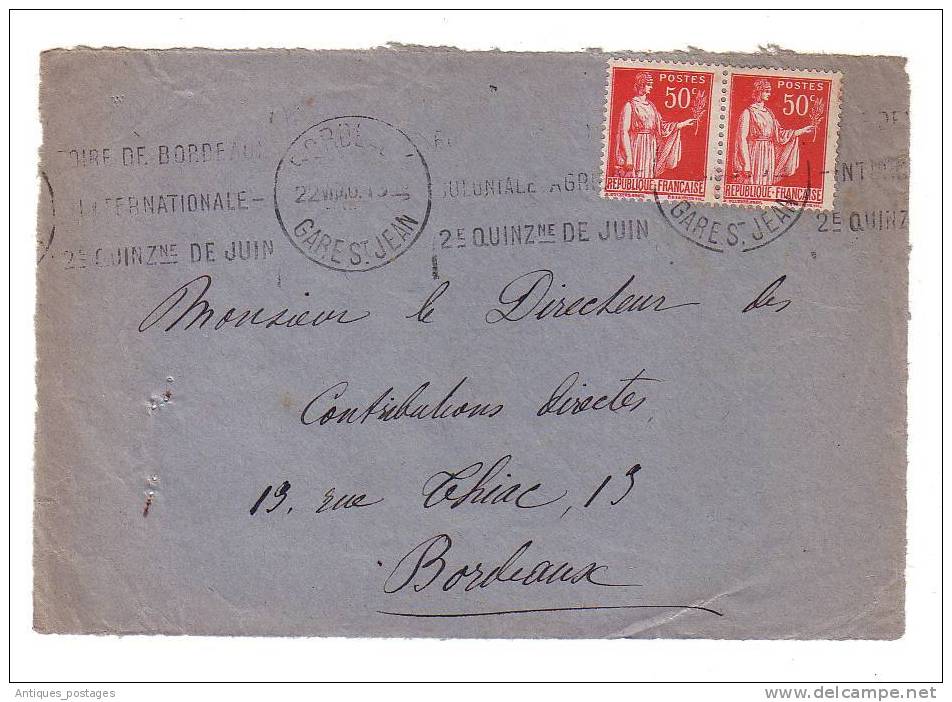 Type Paix Paire 50c TY# 283 Flamme Foire Internationale De Bordeaux 1940 - 1932-39 Peace