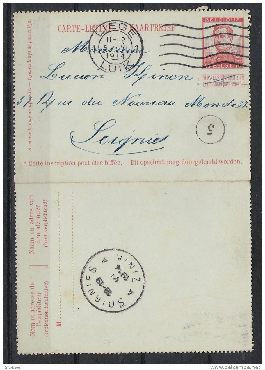 Pellens LIEGE 1 ( Cachet Bilingue ) 05/06/1914 Vers SOIGNIES ( Etat Superbe!! ) - Cartes-lettres