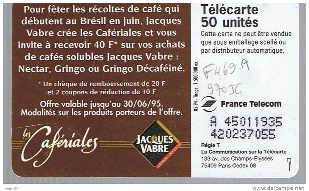 TELECARTE F 469 A 970 JG CAFERIALES J. VABRE - 50 Einheiten