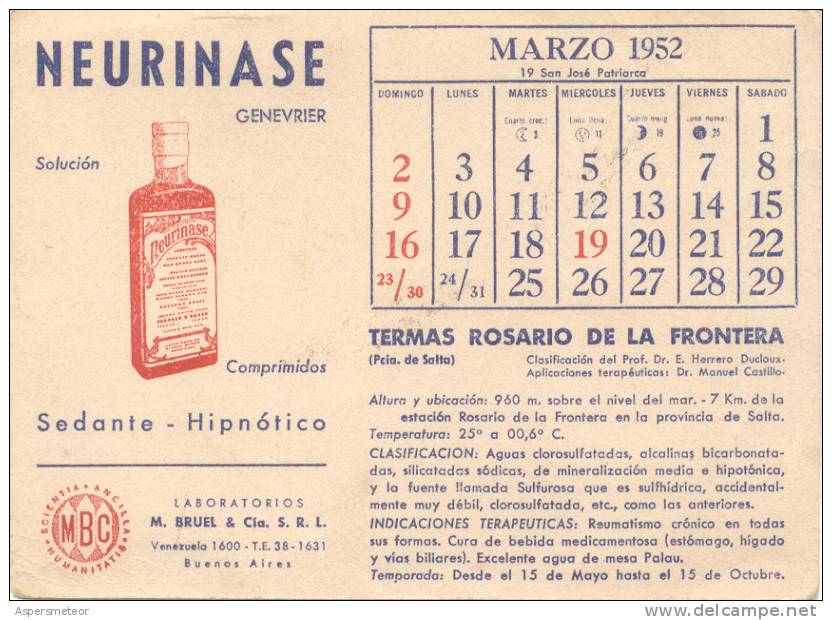 NEURINASE TONICO MEDICAMENTOS SANTE SALUD CARTE PUBLICITAIRE 1952 PLUS AU DOS TERMAS DE ROSARIO DE LA FRONTERA CALENDAR - Health