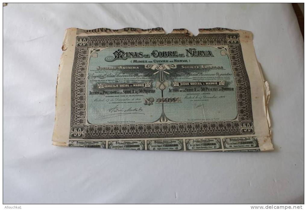 1906-TITRE & ACTION - SCRIPOPHILIE- MINE DE CUIVRE DE NERVA -ESPAGNE -MINAS DE CORBE DE NERVA - Bank & Insurance