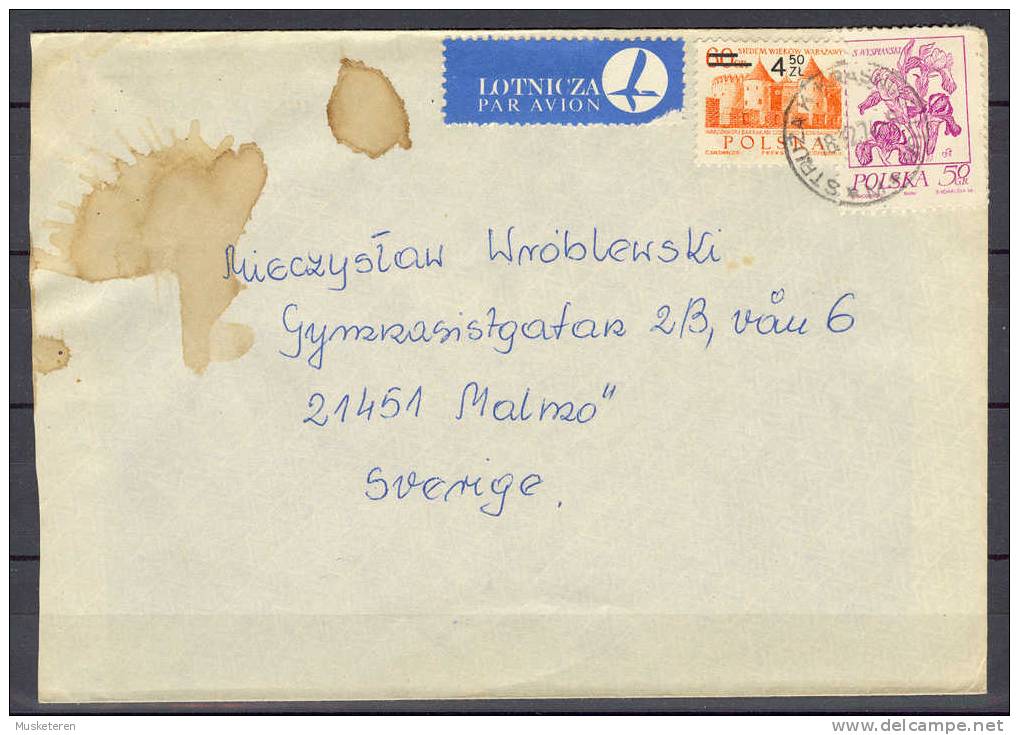 Poland Lotnicza Par Avion Label Deluxe STRUZAK Cancel Cover 1974 To Malmö Sweden Overprinted Warsaw Castle Stamp - Briefe U. Dokumente