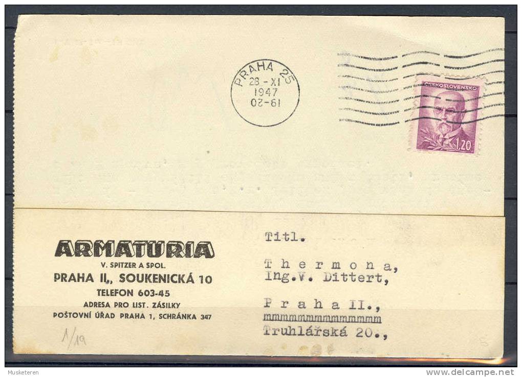 Czechoslovakia ARMATURIA Deluxe Praha 25 Prag Cancel 1947 Commercial Cover Card - Briefe U. Dokumente