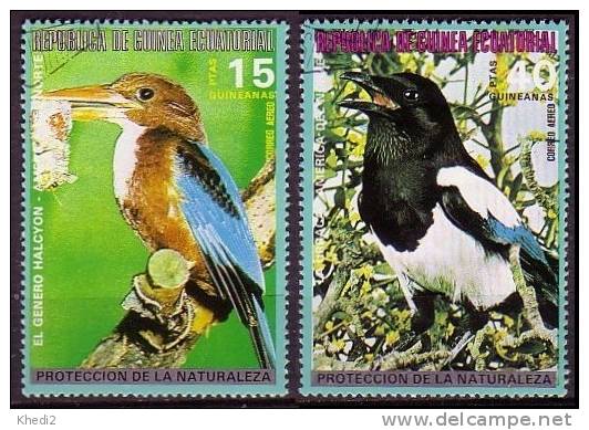 Série 2 Timbres Guniée Equatoriale Oiseaux / PA 81 - MARTIN PECHEUR & PIE - Kingfisher & Magpie - Eisvogel & Elster - Songbirds & Tree Dwellers