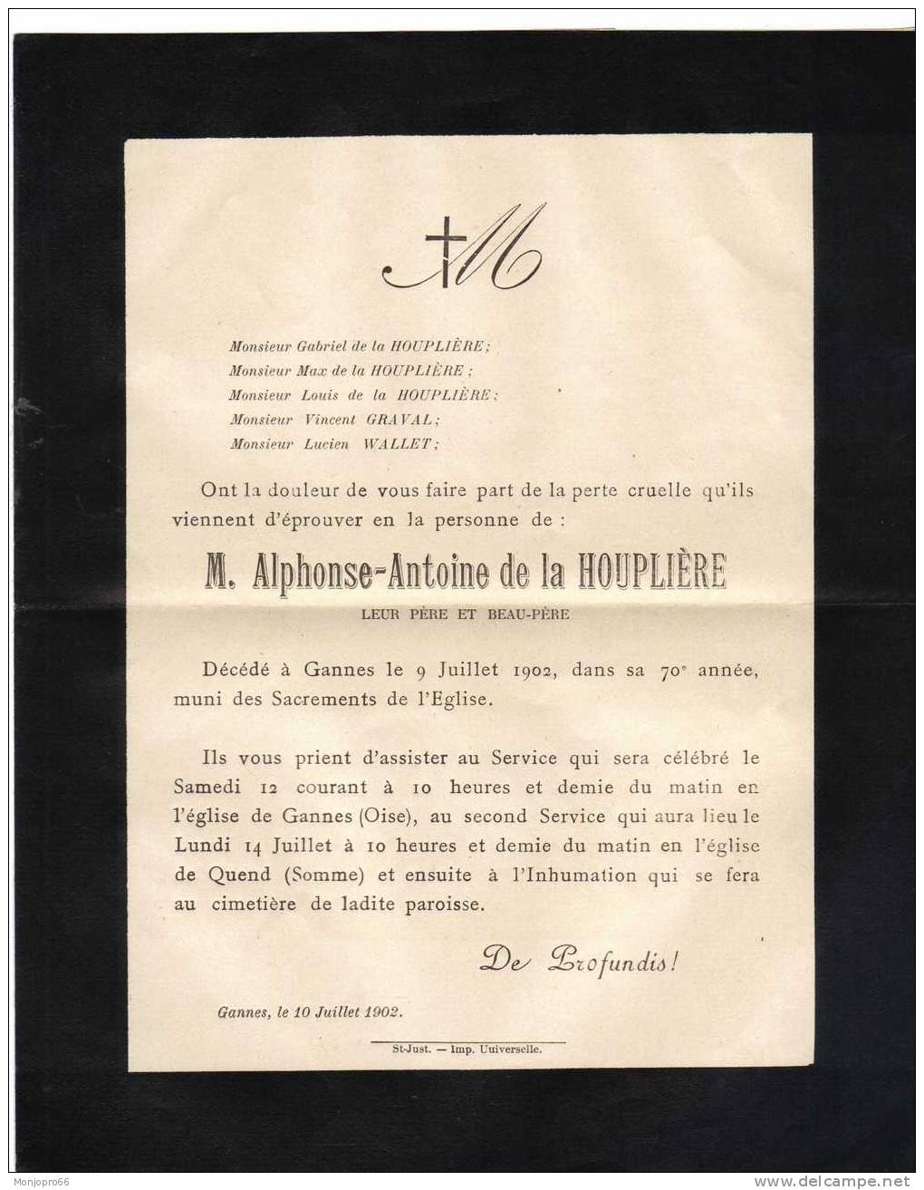 Enveloppe/Avis De Décès De M. Alphonse Antoine De La HOUPLIÈRE Décédé Le 9 Juillet 1902 à Gannes - Other & Unclassified