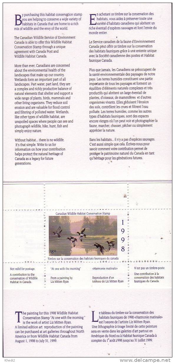 Timbre Neuf ** Carnet CANADA 1998 / Conservation De L'Habitat - Duck Booklet -  Animal Oiseau Canard - Ente - Altri & Non Classificati