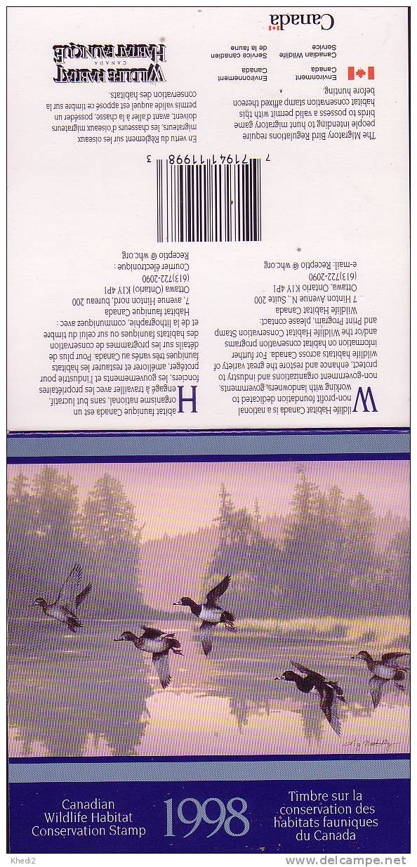 Timbre Neuf ** Carnet CANADA 1998 / Conservation De L'Habitat - Duck Booklet -  Animal Oiseau Canard - Ente - Altri & Non Classificati