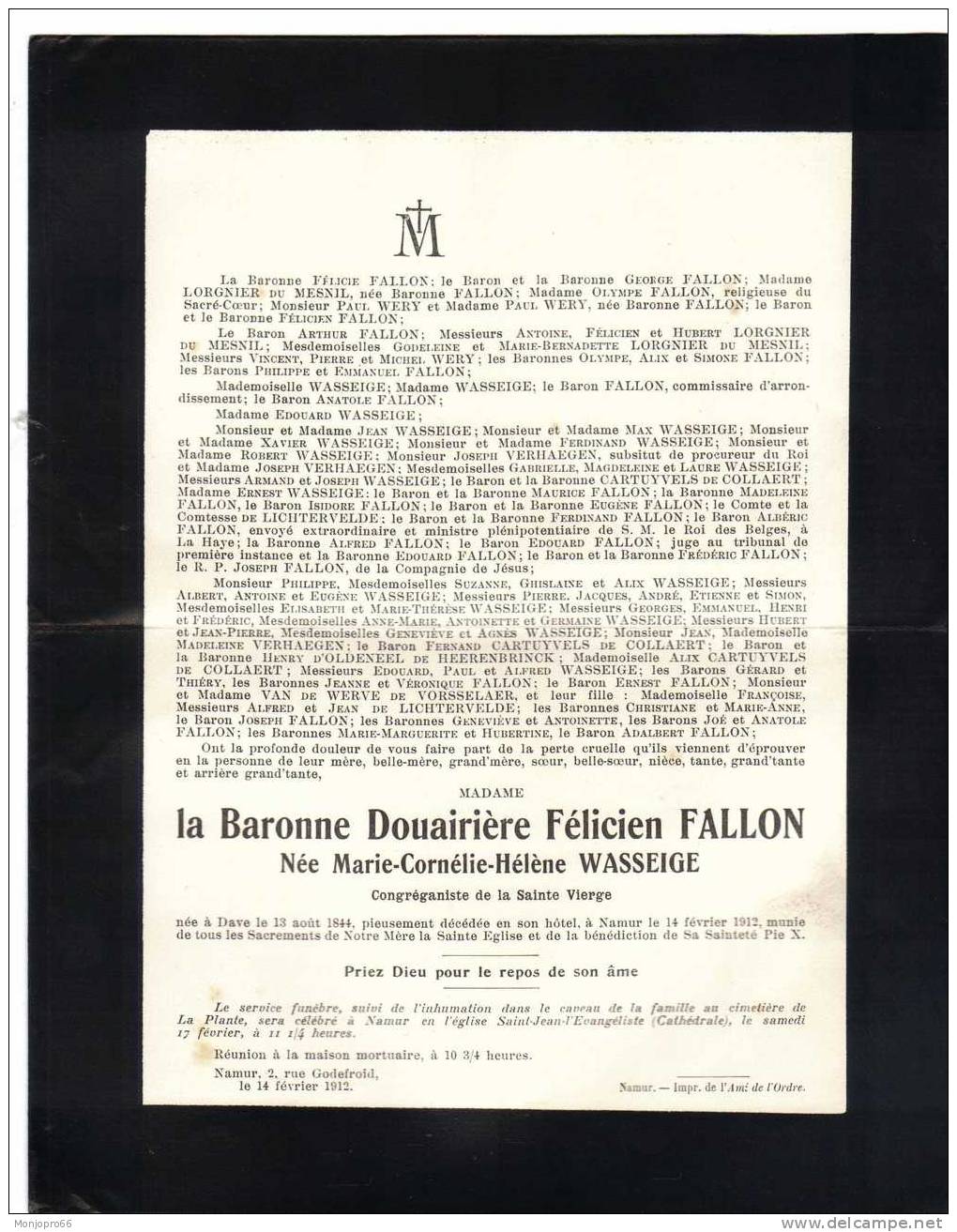 Enveloppe/Avis De Décès De Mme La Baronne Douairière Félicien FALLON Décédée Le 14 Février 1912 à Son Hôtel De Namur - Other & Unclassified