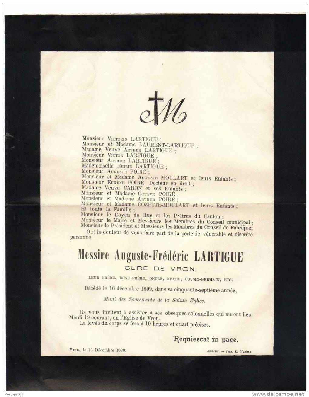 Enveloppe/Avis De Décès De Messire Auguste Frédéric LARTIGUE Curé De Vron Décédé Le 16 Décembre 1899 - Other & Unclassified