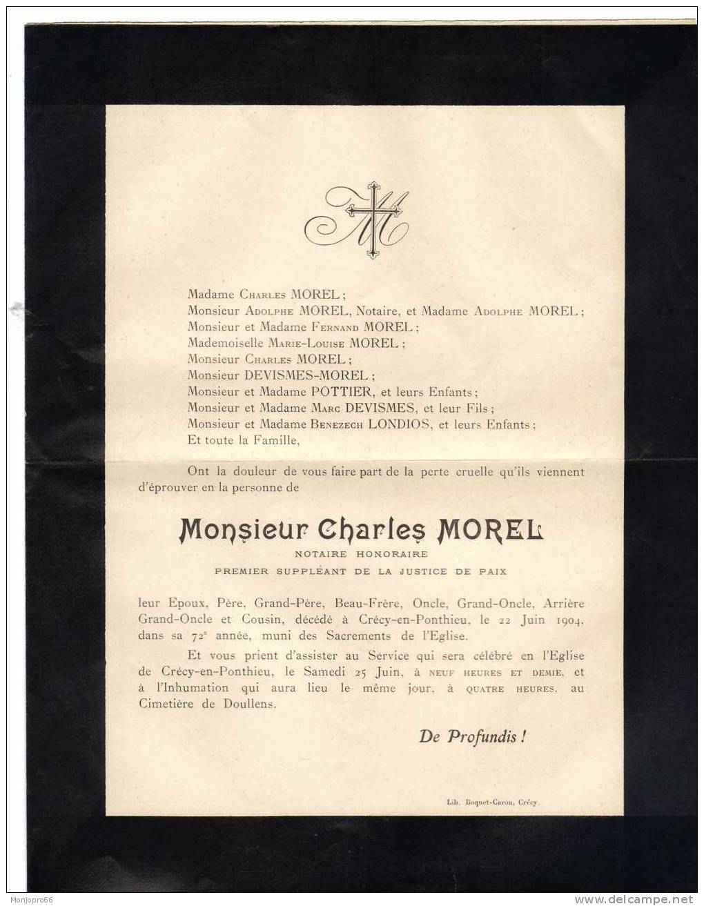 Enveloppe/Avis De Décès De M. Charles MOREL Notaire Honoraire Décédé Le 22 Juin 1904 à Crécy En Ponthieu - Other & Unclassified