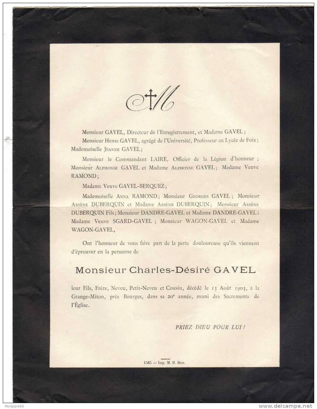 Enveloppe/Avis De Décès De M. Charles Désiré GAVEL Décédé Le 13 Aout 1903 à La Grange Miton  Près De Bourges - Autres & Non Classés